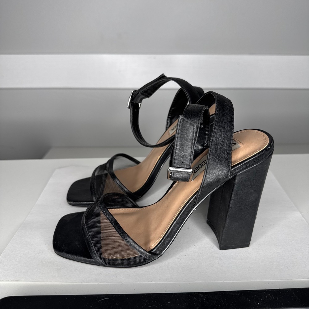 Steve Madden Strategy Sandals Womens 6 Black Mesh Block Heel STRA02S1